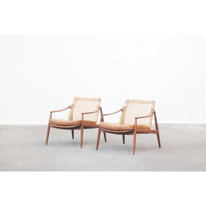 Pareja de sillones vintage de ratán y teca de Hartmut Lohmeyer para Wilkhahn, Alemania 1950