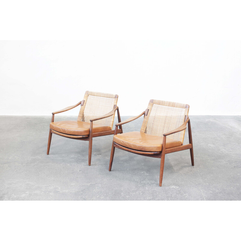 Pair of vintage cane and teak armchairs by Hartmut Lohmeyer for Wilkhahn, Germany 1950s