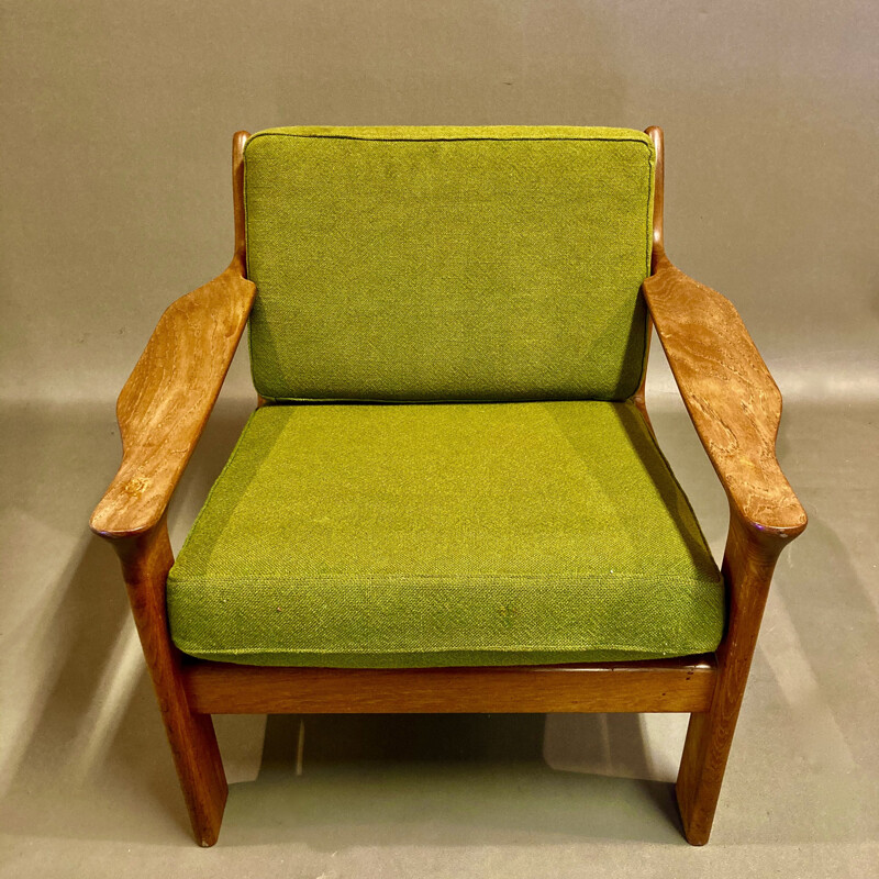 Scandinavian vintage armchair in teak and green fabric, 1950