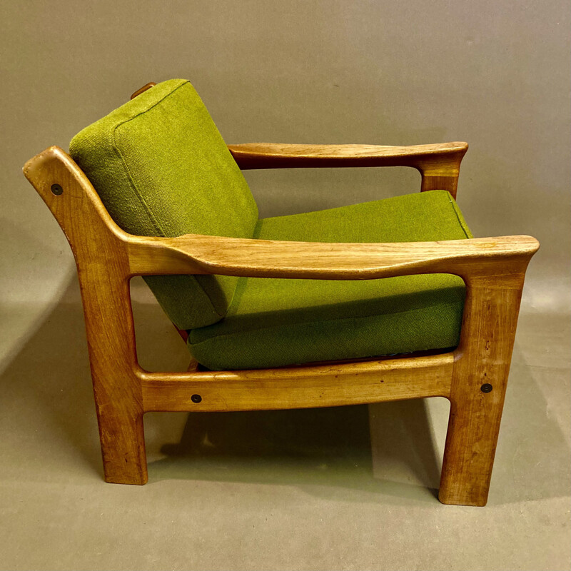 Scandinavian vintage armchair in teak and green fabric, 1950