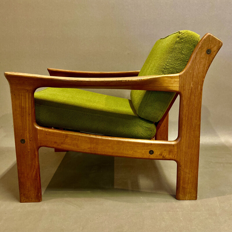 Scandinavian vintage armchair in teak and green fabric, 1950