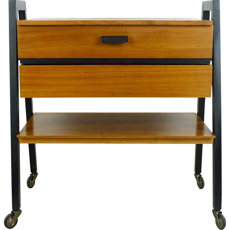Extendable mid century trolley in walnut and black lacquered wood, 1960s 