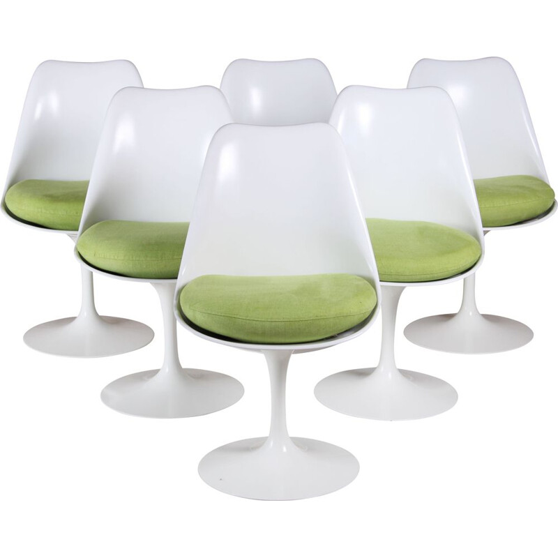 Ensemble de 6 chaises tulipes vintage blanches et vertes par Eero Saarinen pour Knoll International