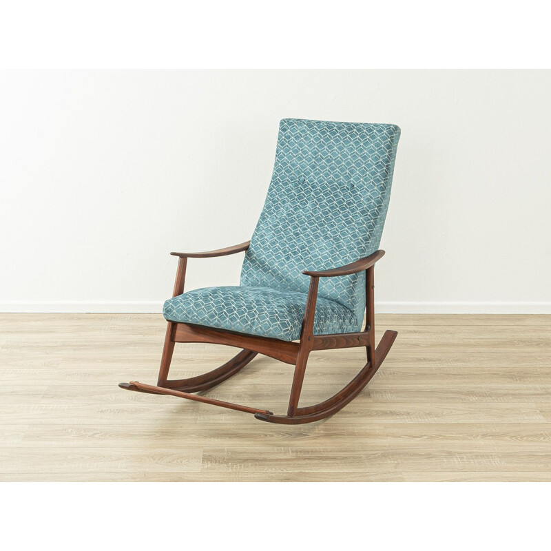 Mid century beech wood and blue fabric rocking chair, 1950s