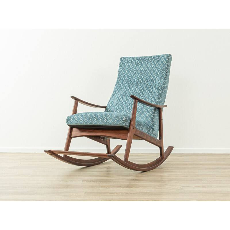 Chaise à bascule en bois de hêtre et tissu bleu,  1950