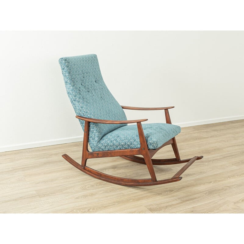 Mid century beech wood and blue fabric rocking chair, 1950s