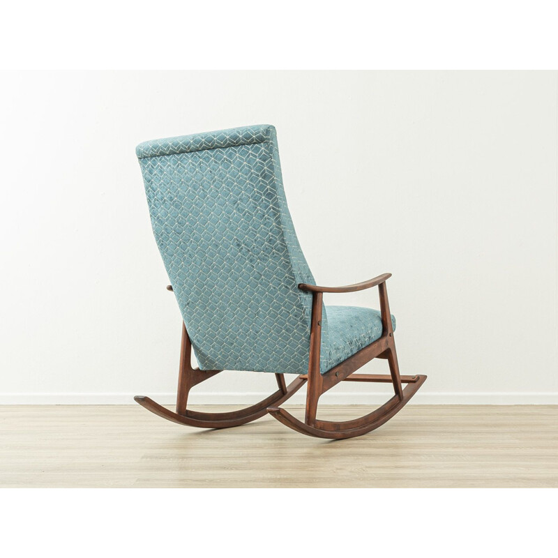 Mid century beech wood and blue fabric rocking chair, 1950s