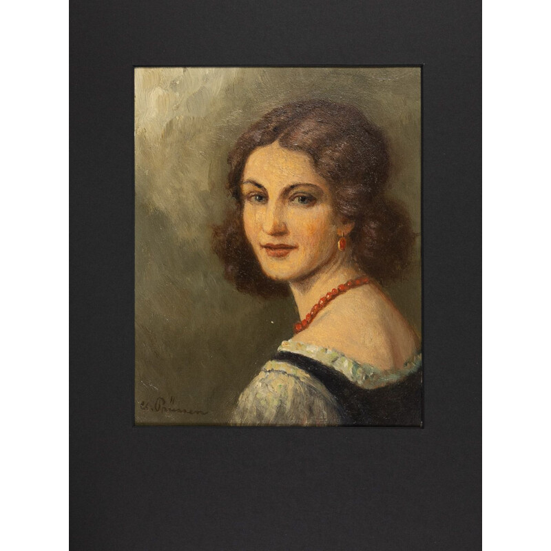 Óleo sobre prato vintage "Portrait of a Woman" de Clemens Prussen, 1920