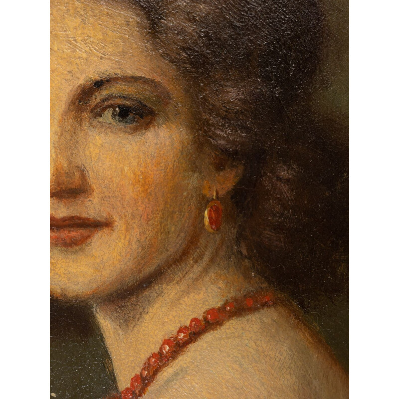 Oil on vintage plate "Portrait of a Woman" by Clemens Prussen, 1920