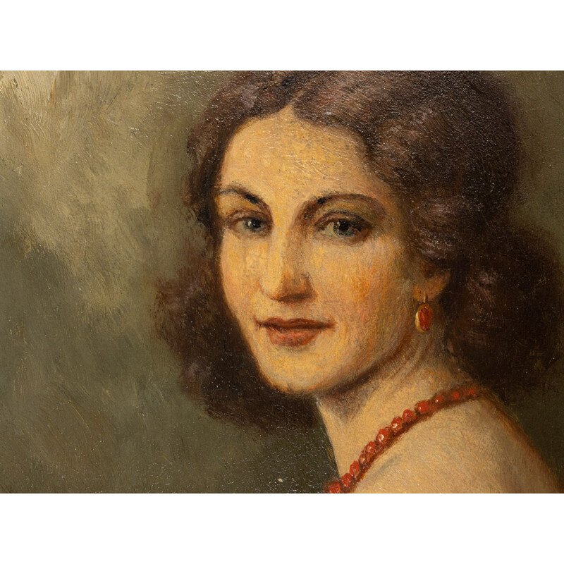 Oil on vintage plate "Portrait of a Woman" by Clemens Prussen, 1920