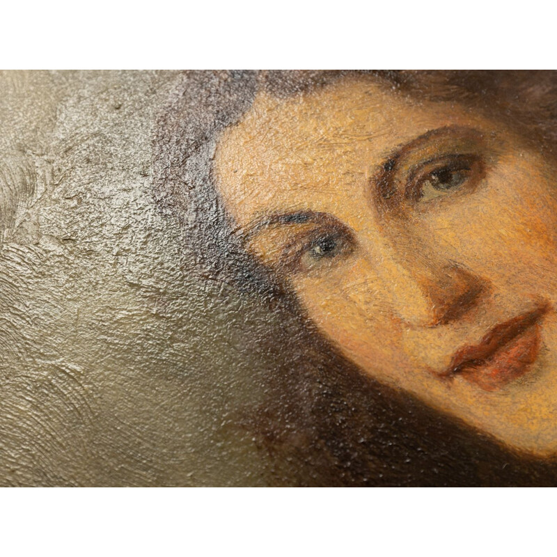 Oil on vintage plate "Portrait of a Woman" by Clemens Prussen, 1920