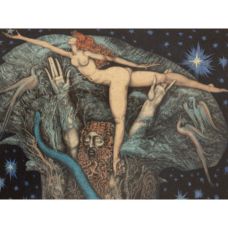 Grabado antiguo "Adams Traum" de Ernst Fuchs, 1969