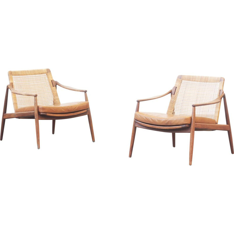 Pair of vintage cane and teak armchairs by Hartmut Lohmeyer for Wilkhahn, Germany 1950s
