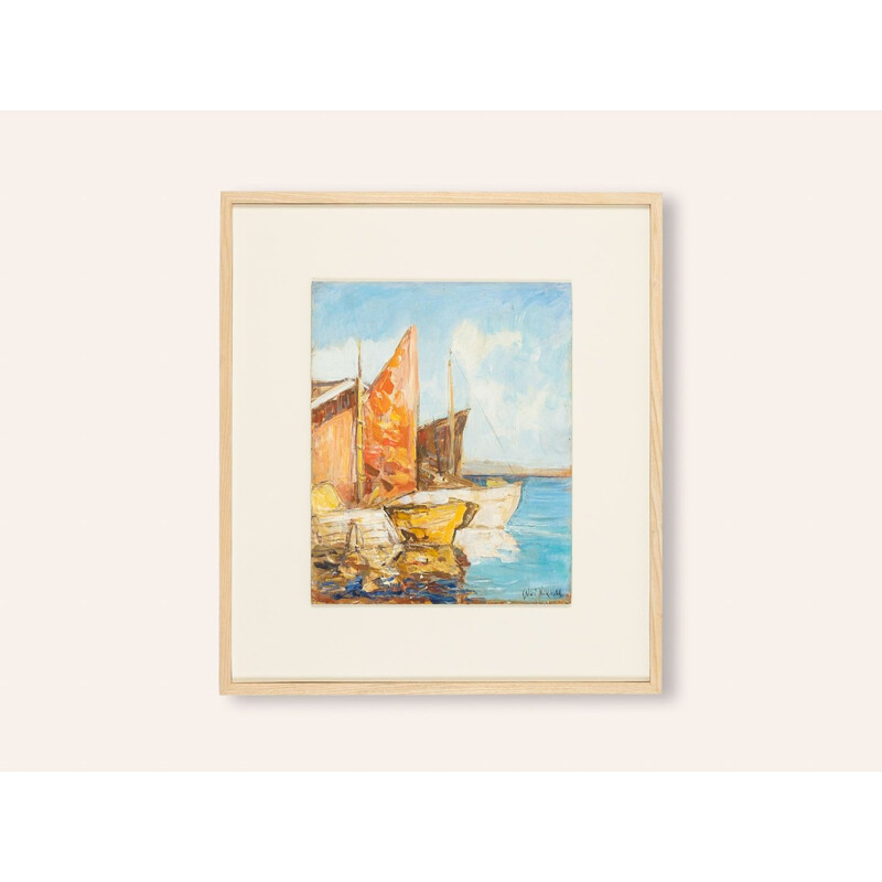 Oil on vintage plate "Fishing boats in Venice" in ash wood by Knut Norman