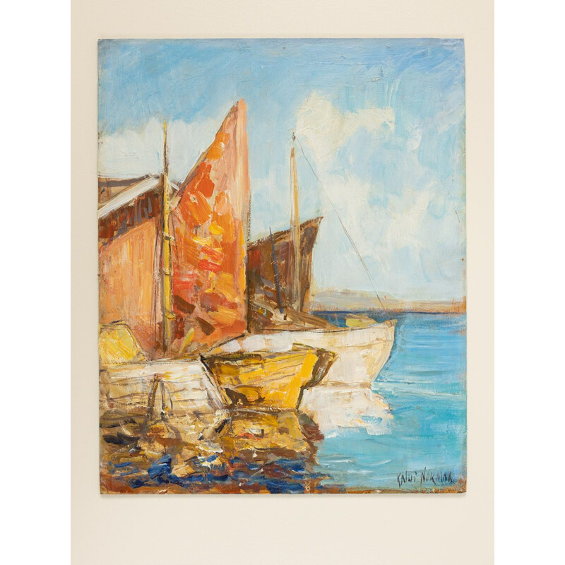 Huile sur plaque vintage "Bateaux de pêche à Venise" en bois de frêne par Knut Norman