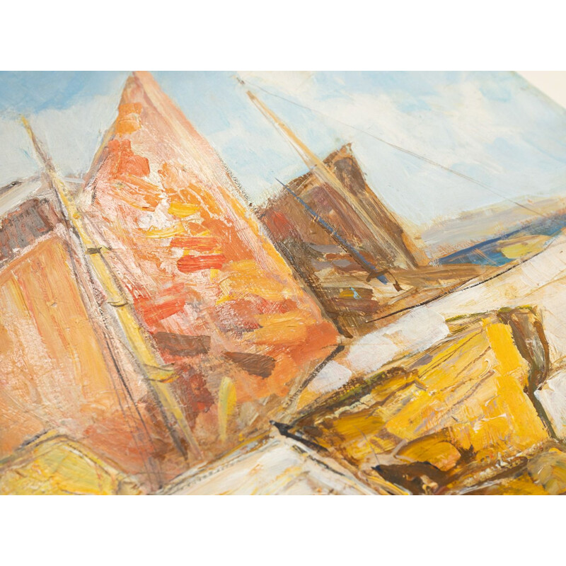 Oil on vintage plate "Fishing boats in Venice" in ash wood by Knut Norman
