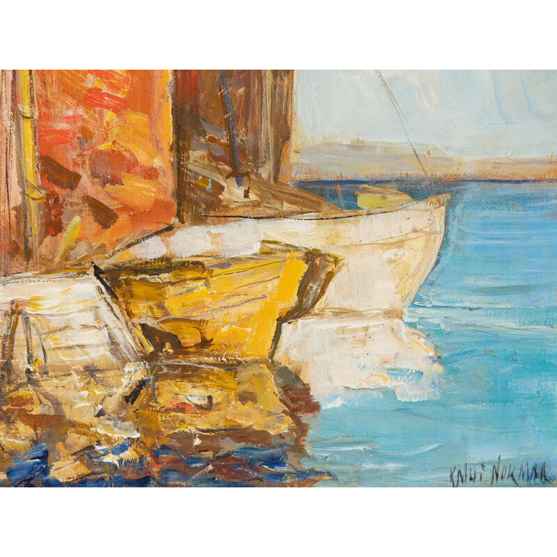 Oil on vintage plate "Fishing boats in Venice" in ash wood by Knut Norman