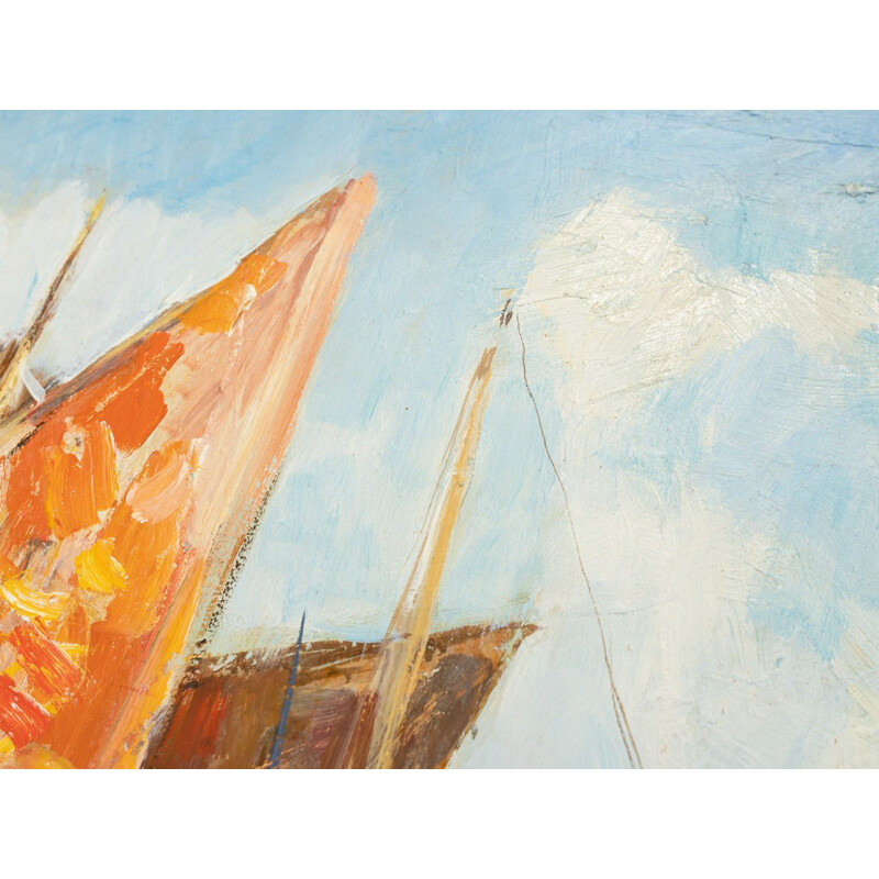 Óleo sobre uma placa de madeira de freixo vintage "Barcos de pesca em Veneza" de Knut Norman
