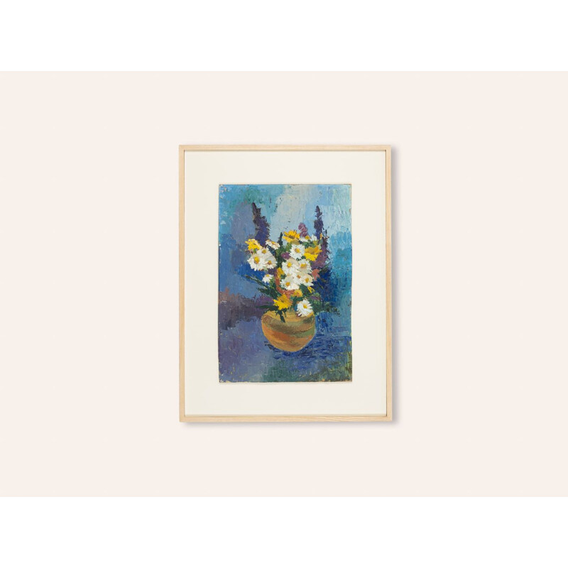 Olio su lastra d'epoca "Bouquet di primavera" in cornice di frassino, 1950