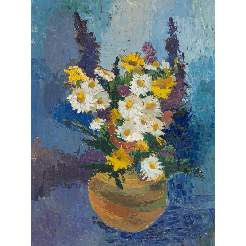 Oil on vintage plate "Spring Bouquet" in an ash wood frame, 1950