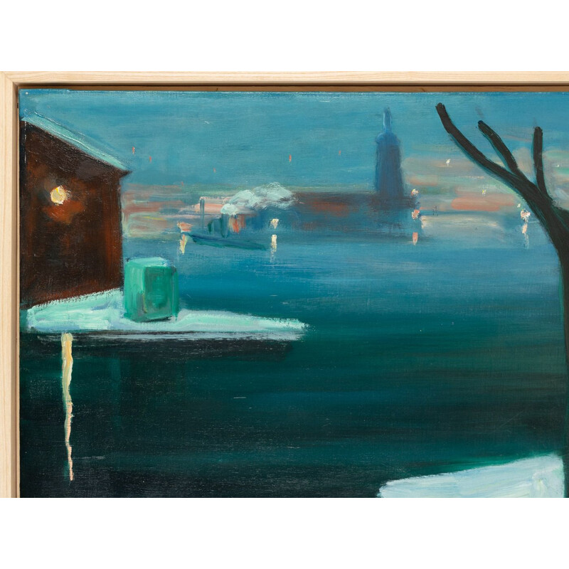 Oil on canvas vintage "Stockholm by night" in ash wood by Engelbert Bertel Nordstrom