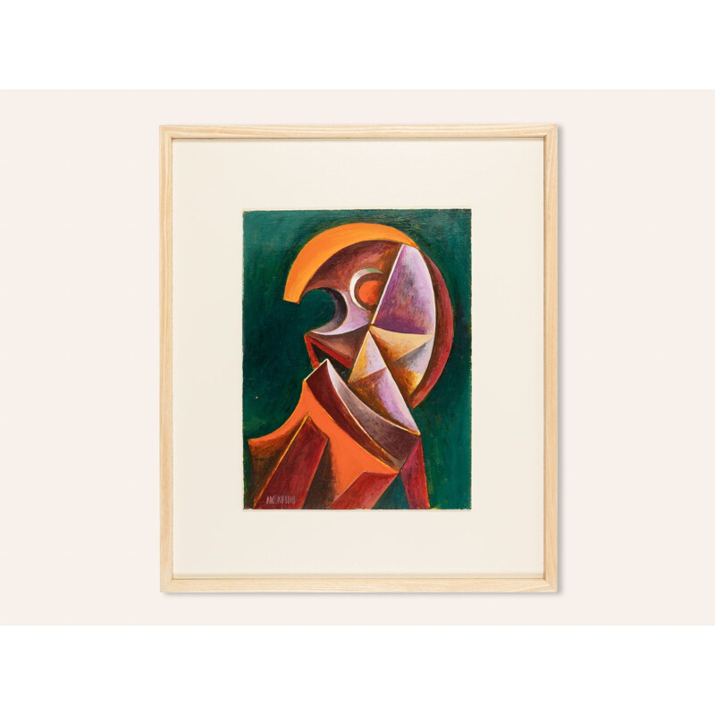 Óleo sobre prato vintage "Cubist Portrait" em moldura de madeira de cinzas de Valentin Rusin