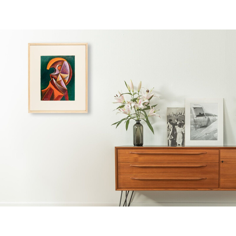 Óleo sobre lámina vintage "Retrato cubista" en marco de madera de fresno de Valentin Rusin