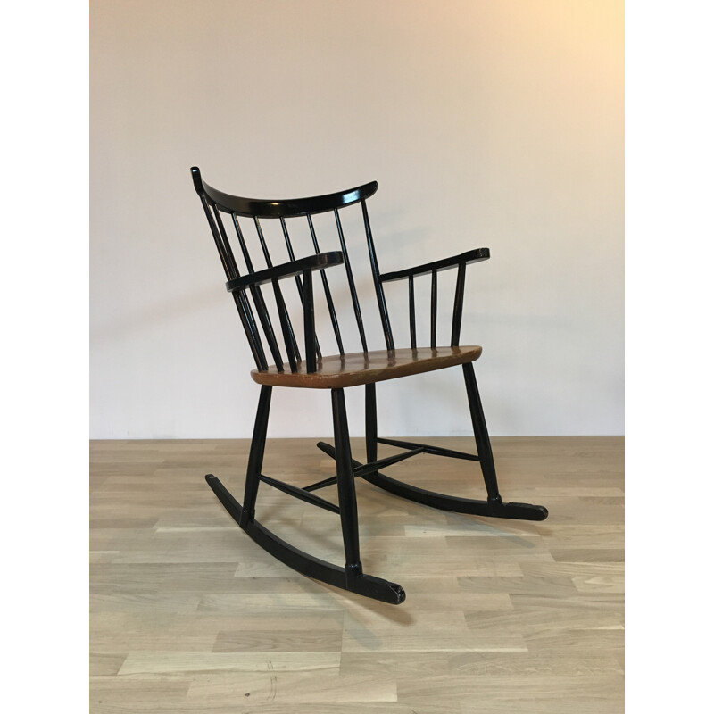 Mid century rocking chair with seat in teak - 1960s