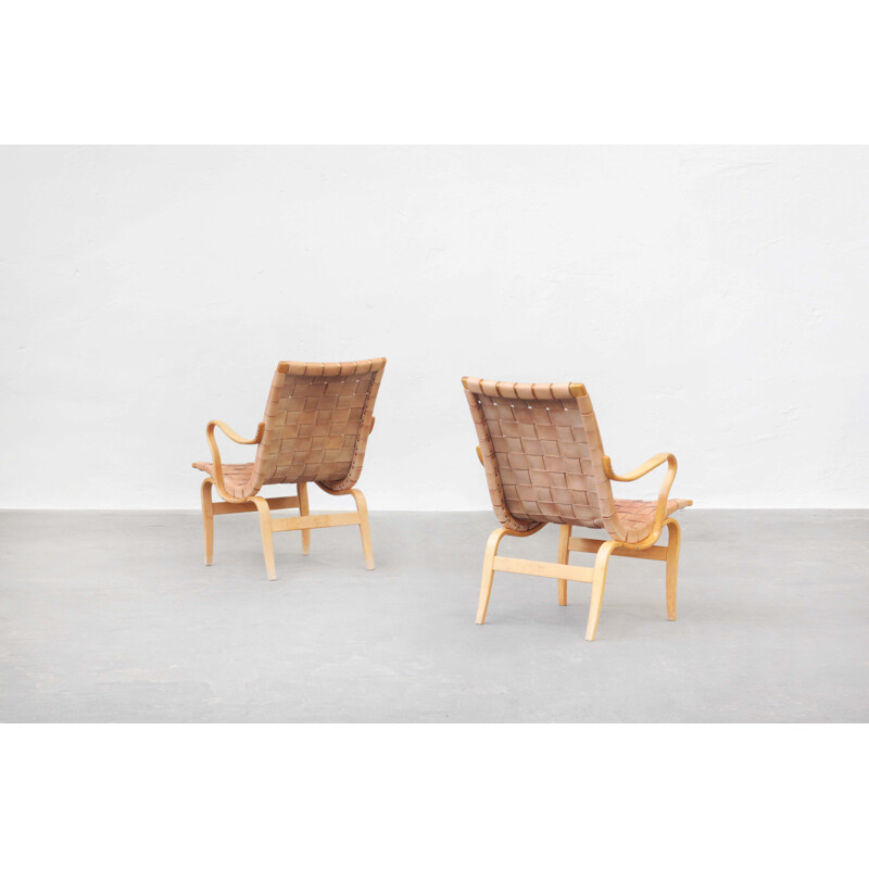 Pair of vintage beechwood and brown leather armchairs by Bruno Mathsson for Karl Mathsson, Sweden 1970