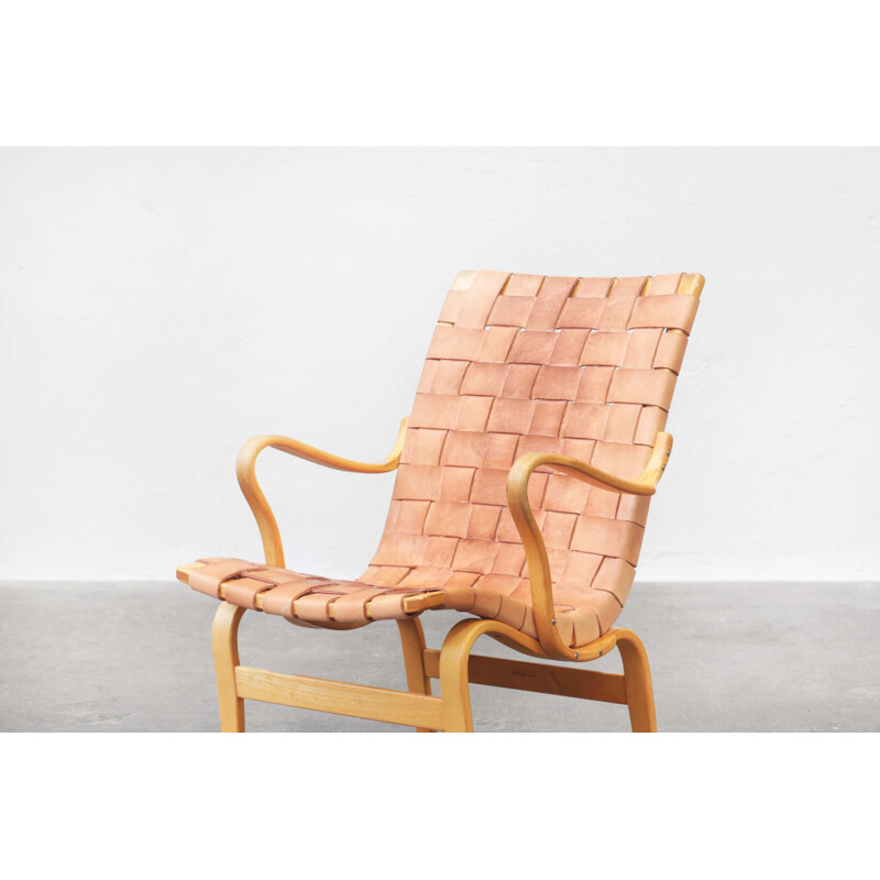 Pareja de sillones vintage de madera de haya y cuero marrón de Bruno Mathsson para Karl Mathsson, Suecia 1970