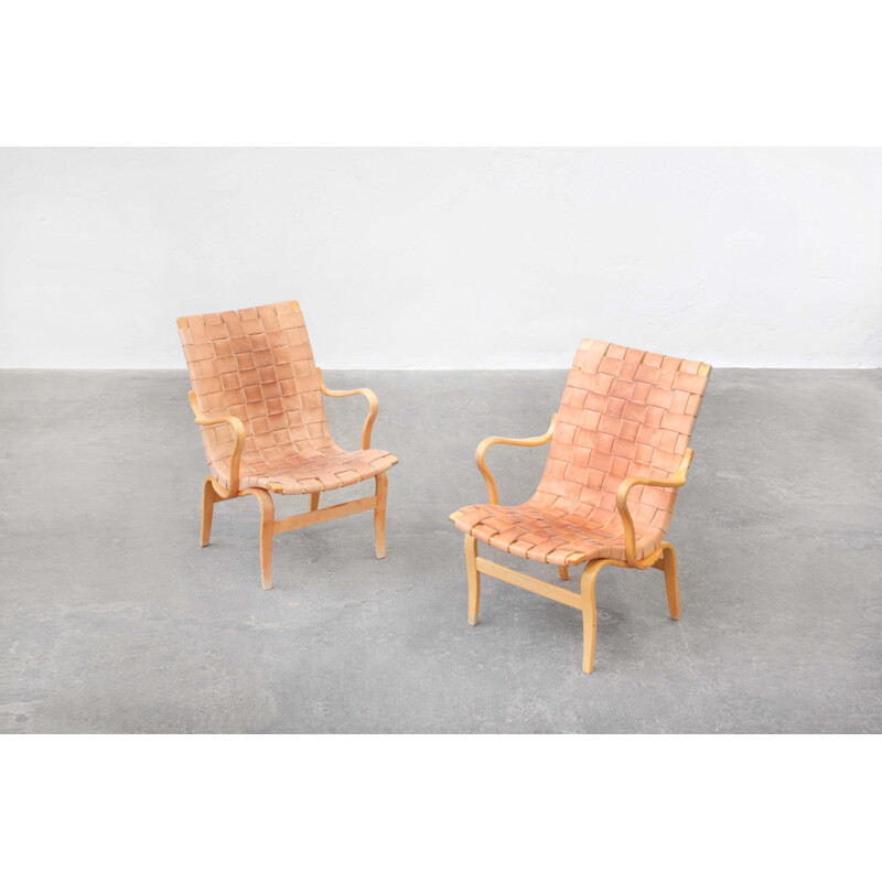 Paar vintage beukenhouten en bruin lederen fauteuils van Bruno Mathsson voor Karl Mathsson, Zweden 1970