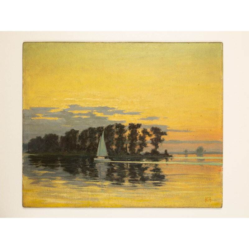 Olieverf op een oud essenhouten "Sunset" bord