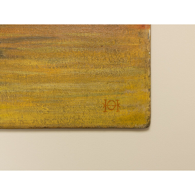 Óleo sobre placa "Puesta de sol" de madera de fresno vintage