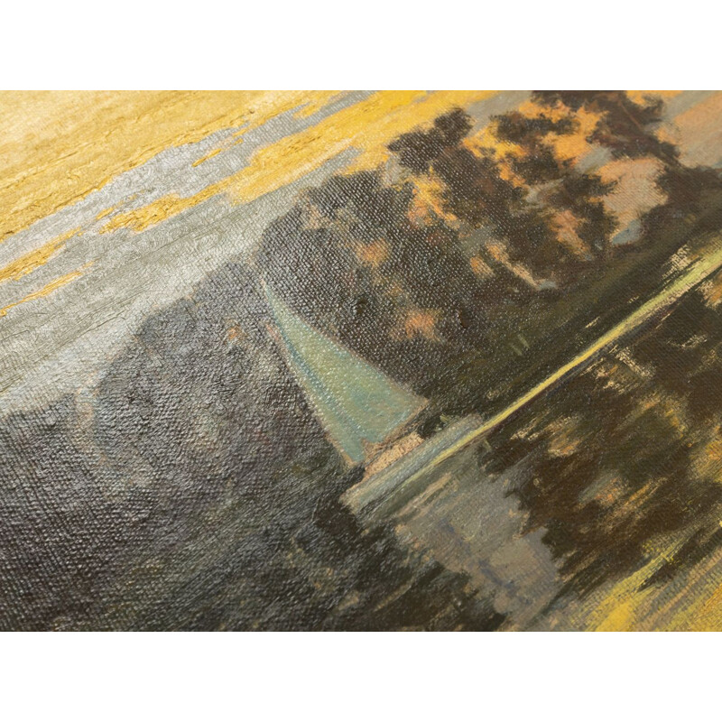 Óleo sobre placa "Puesta de sol" de madera de fresno vintage
