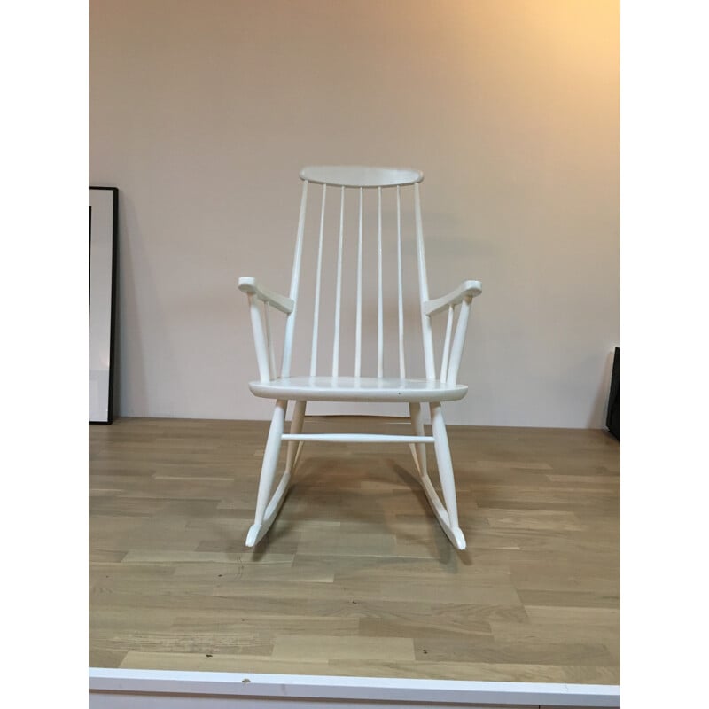 Rocking-chair scandinave blanc en bois - 1960