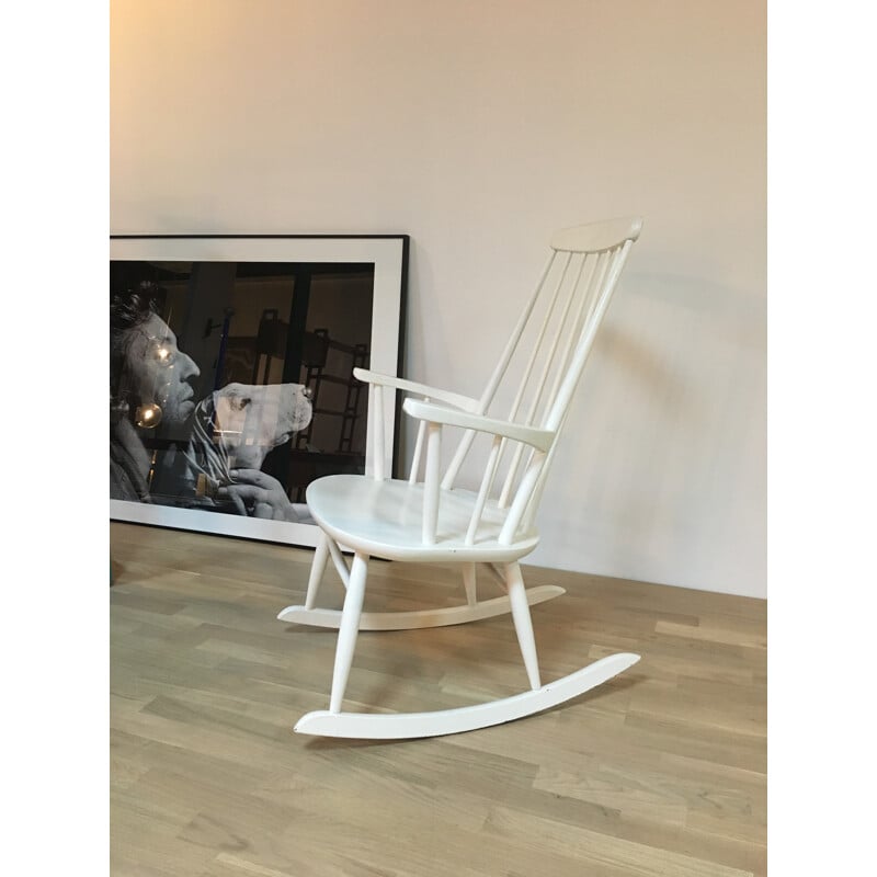 Rocking-chair scandinave blanc en bois - 1960