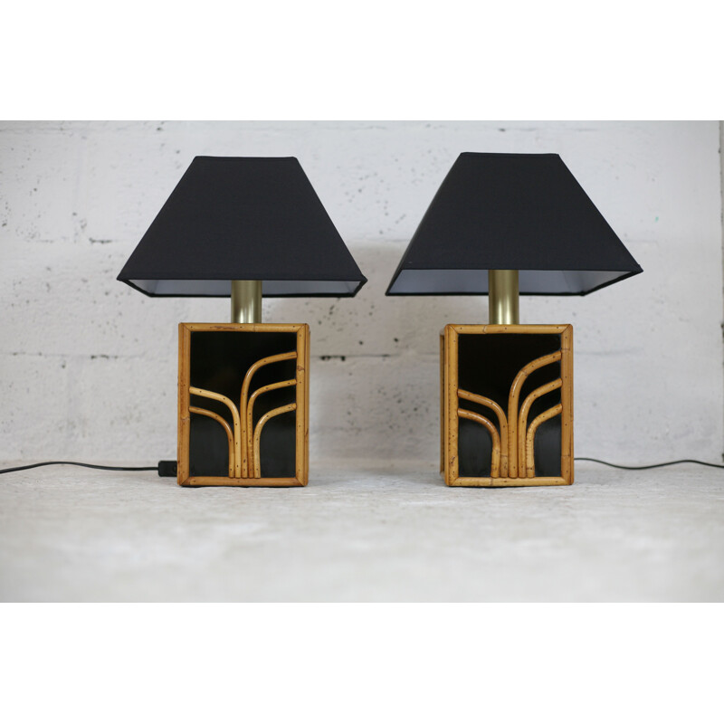 Pair of vintage lamps in black glass and rattan, France 1970