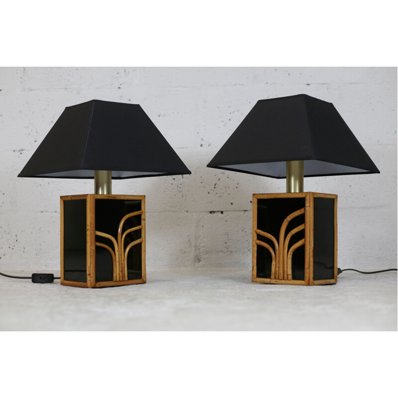 Pair of vintage lamps in black glass and rattan, France 1970