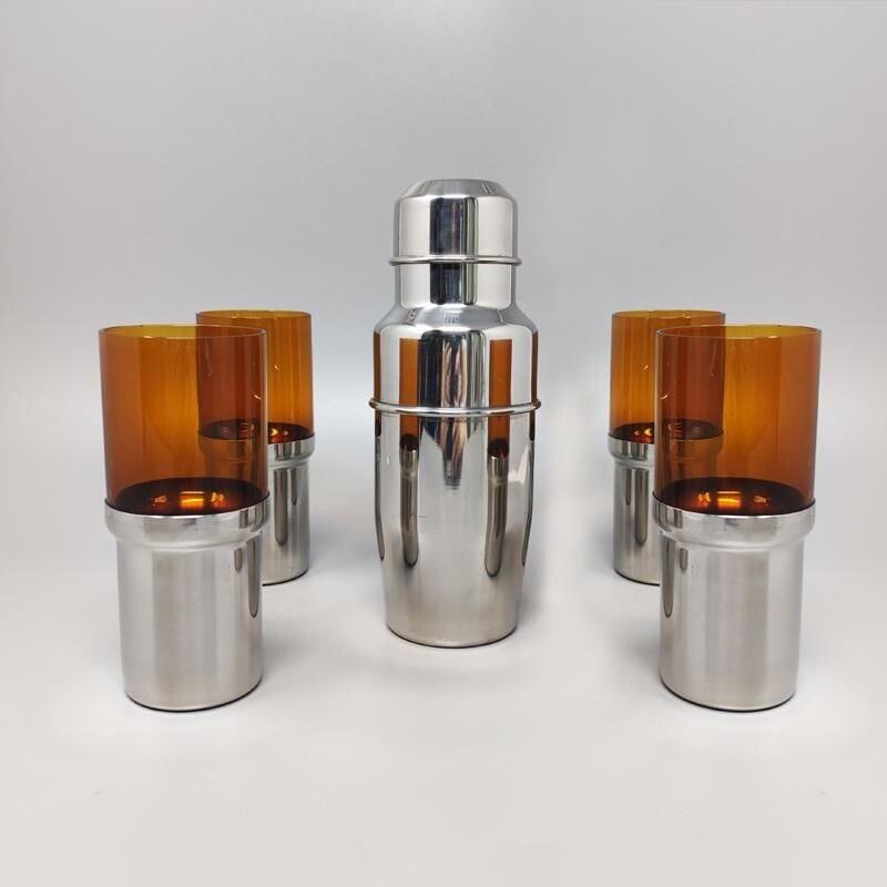 Vintage cocktail shaker with four glasses by Pran, Italy 1970s