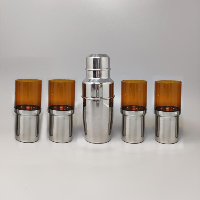 Vintage cocktail shaker with four glasses by Pran, Italy 1970s