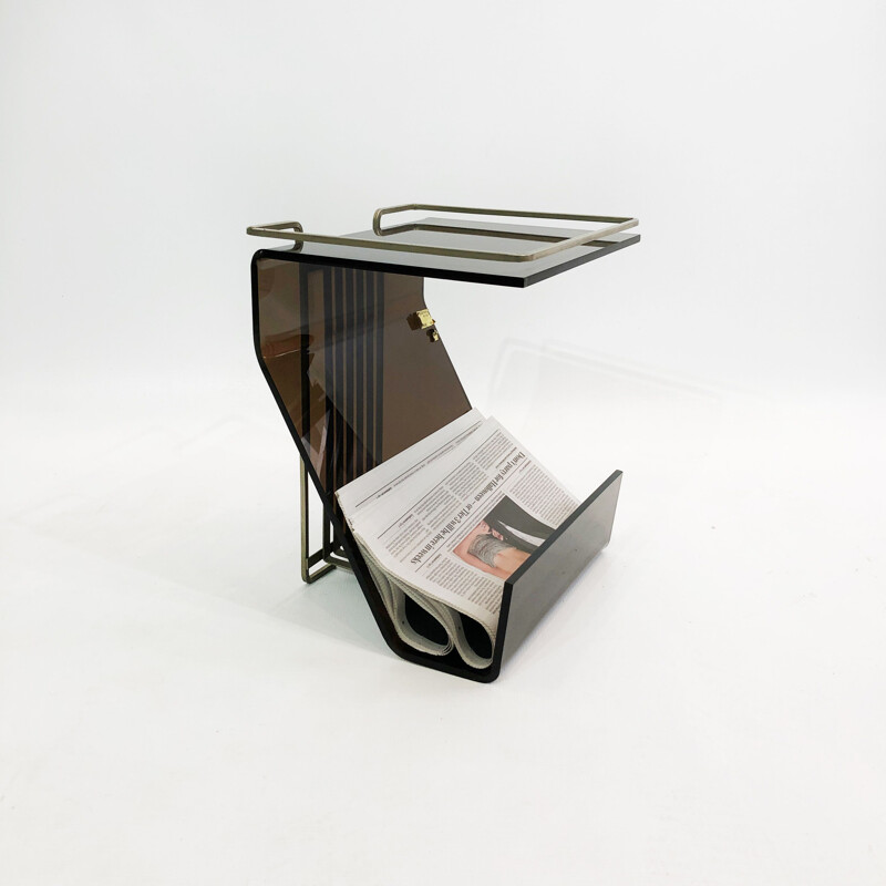 Vintage smoked acrylic magazine rack, 1970s