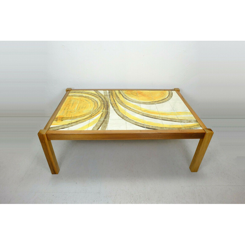 Vintage coffee table with ceramic tile top and cherry wood base, 1960s