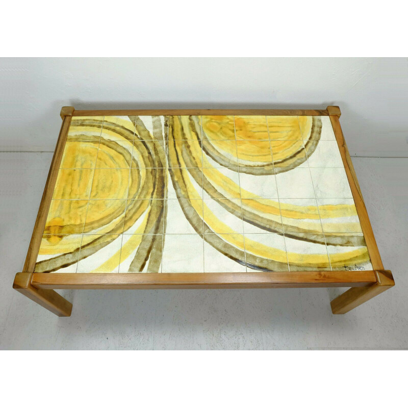 Table basse vintage avec dessus en carreaux de céramique et base en bois de cerisier, 1960