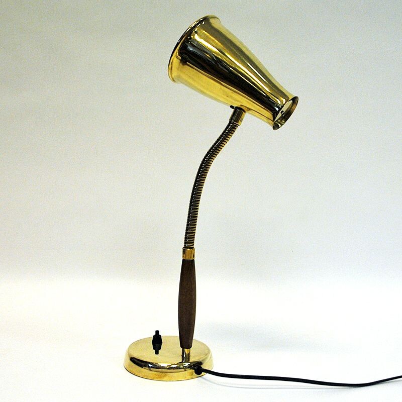 Vintage brass and teak table lamp by Einar Bäckström, Sweden 1950s