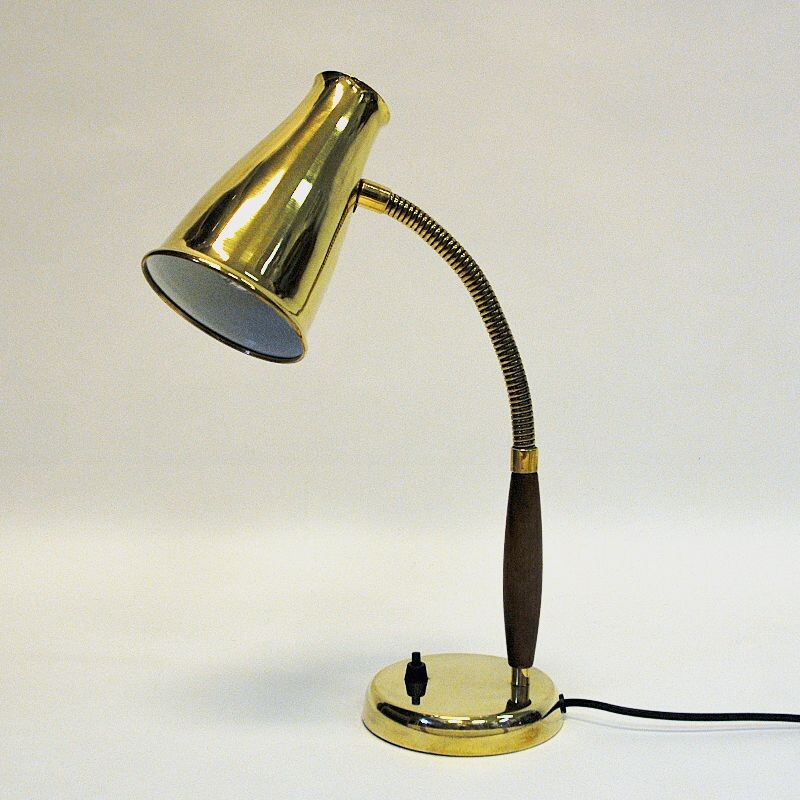 Vintage brass and teak table lamp by Einar Bäckström, Sweden 1950s