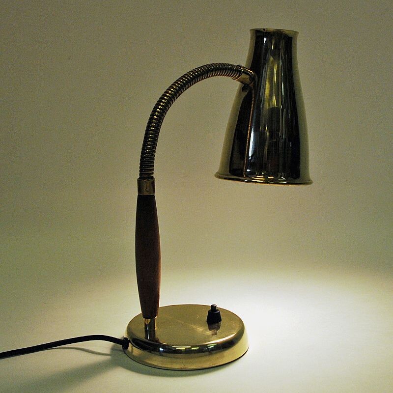 Vintage brass and teak table lamp by Einar Bäckström, Sweden 1950s