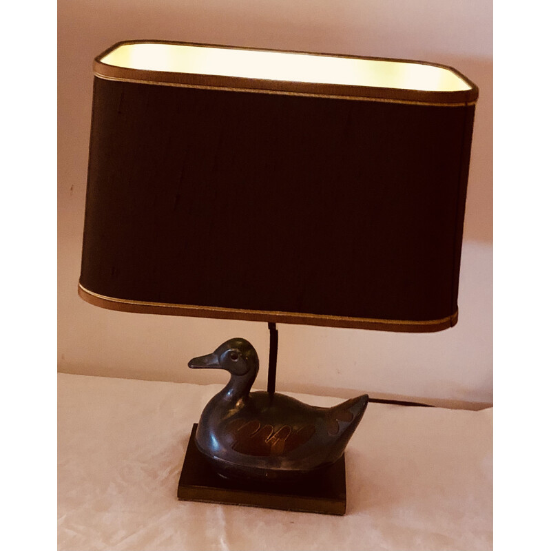 Vintage pewter and gilt brass duck lamp, 1960-1970