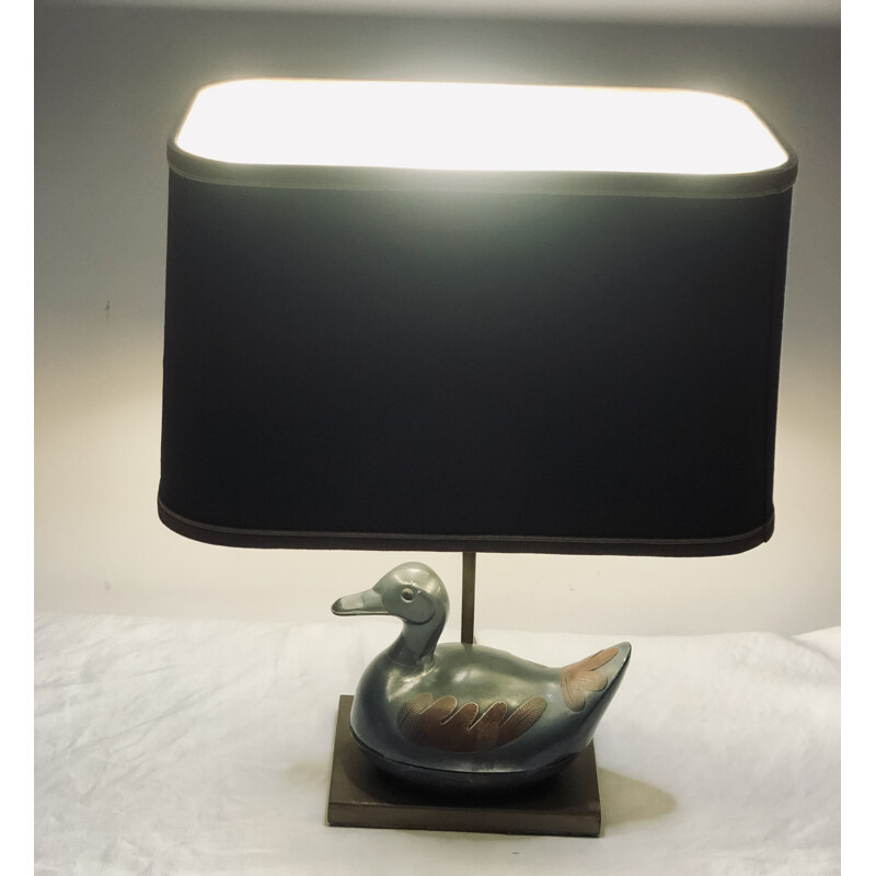 Vintage pewter and gilt brass duck lamp, 1960-1970