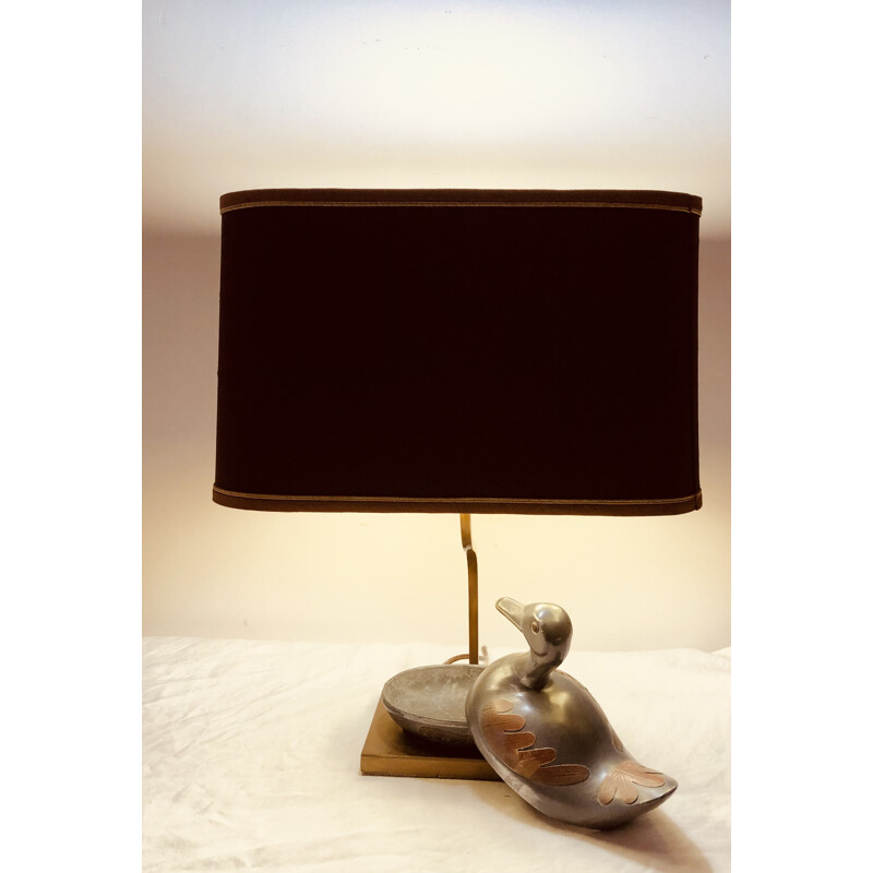 Vintage pewter and gilt brass duck lamp, 1960-1970