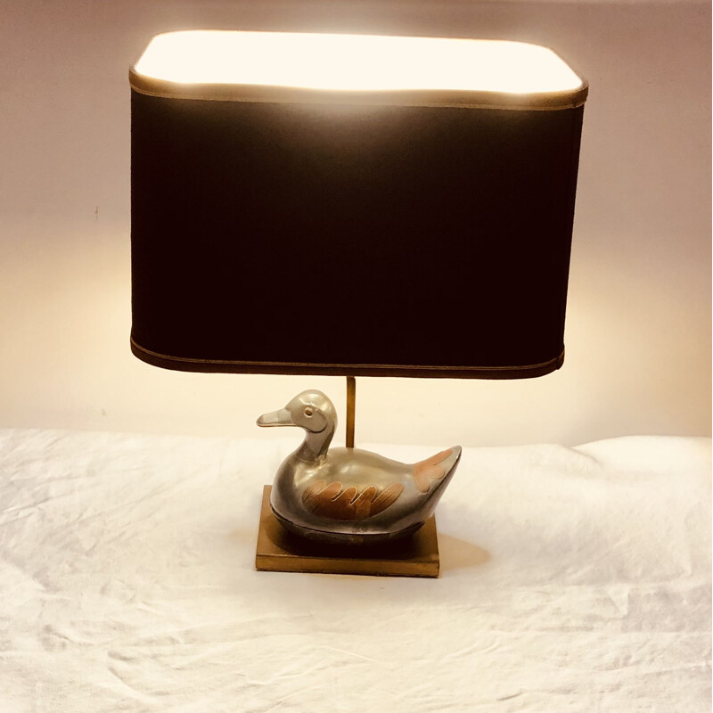 Vintage pewter and gilt brass duck lamp, 1960-1970